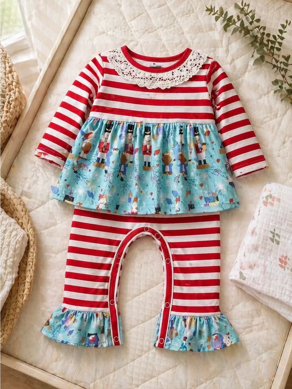 NWT Blue/White Romper with Crochet Lace Neckline & Nutcracker print -Size 3-6 mo
